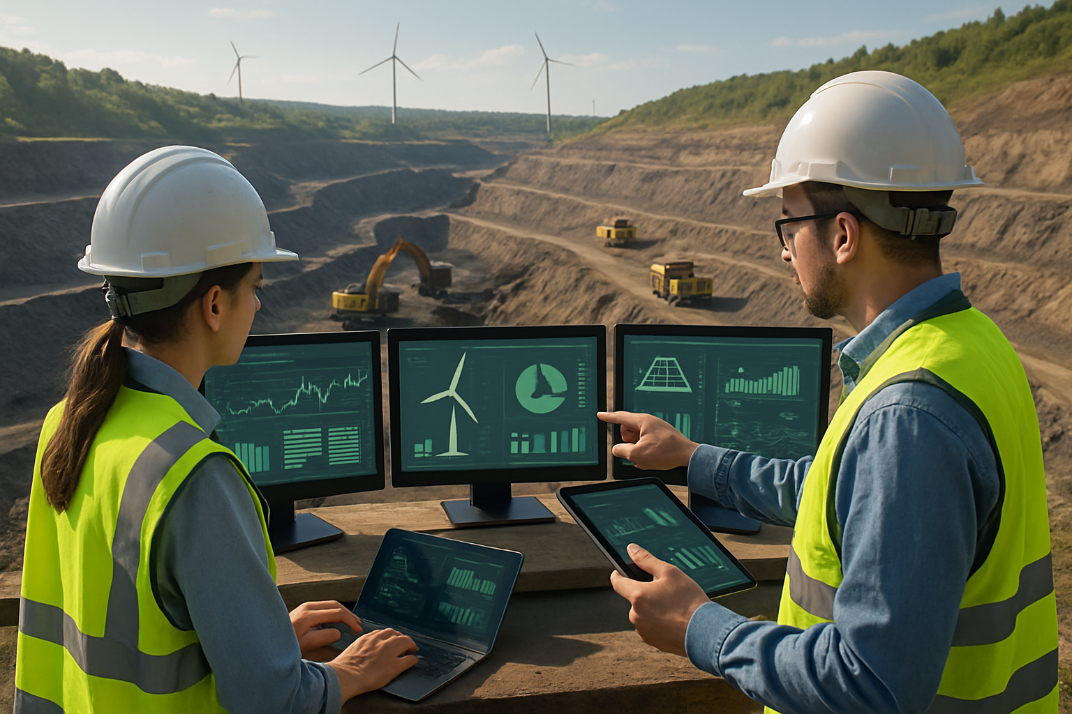 Engineers monitoring sustainable mining operations